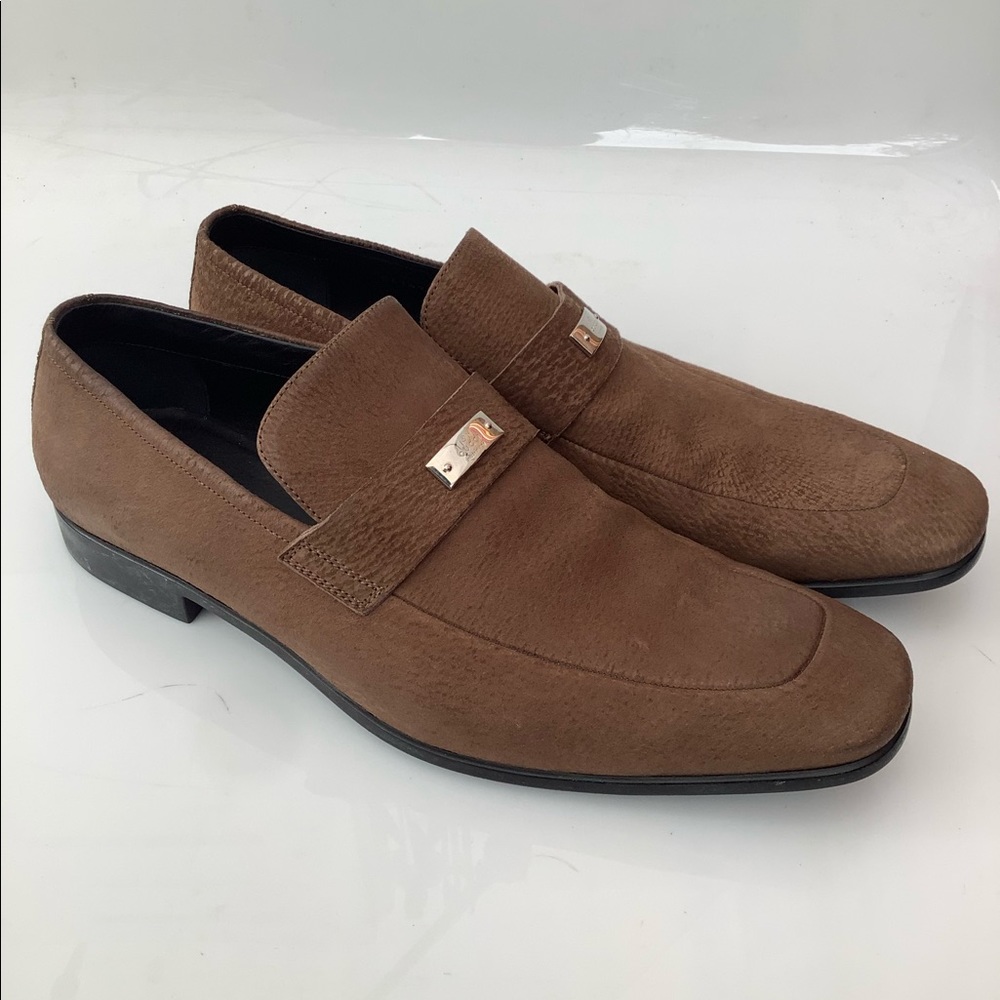 Gucci sz 10.5 Suede Logo Plate Loafers 247494 Mens